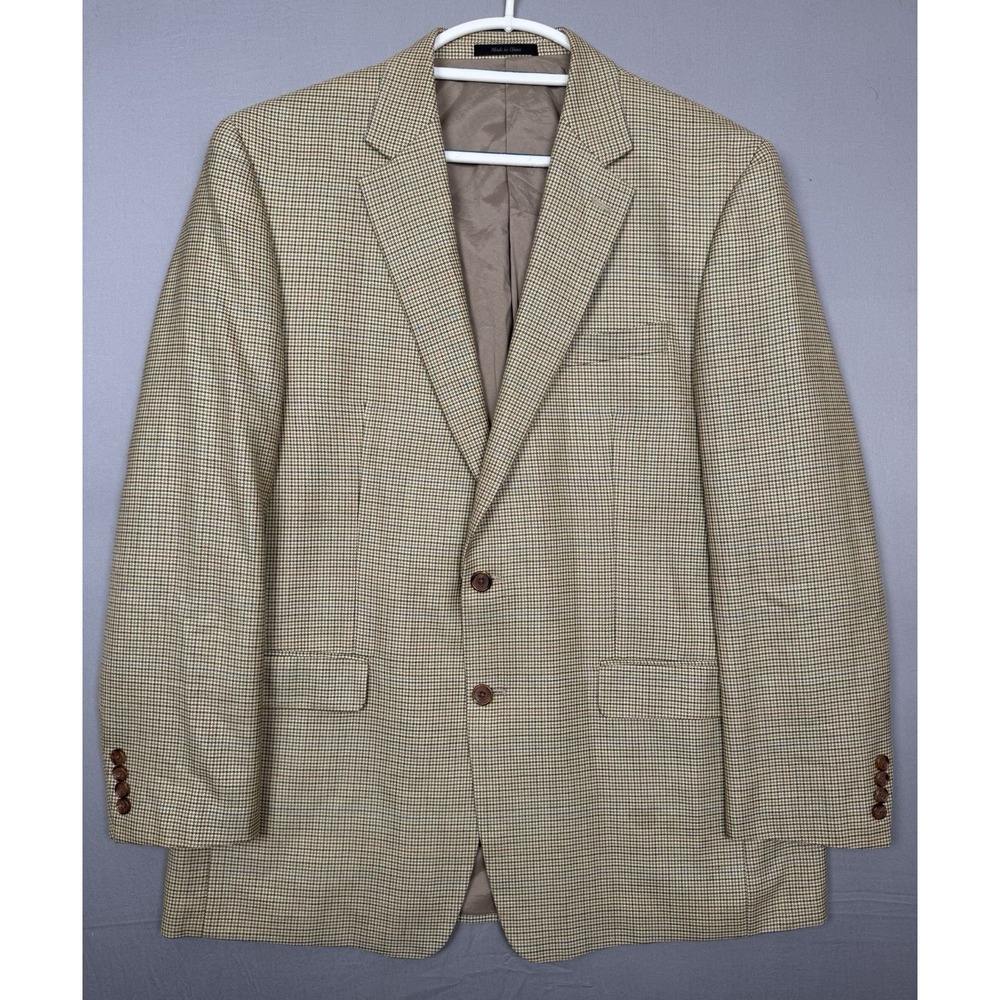 Vintage Ralph Lauren Beige Silk Wool Suit Blazer Mens 44L Sport Coat Houndstooth